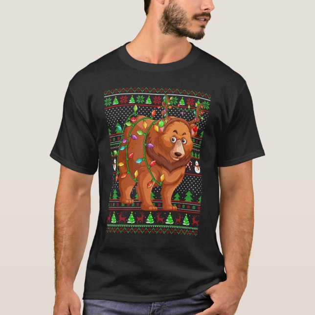 T-shirt Ugly Xmas Sweater Style Lighting Grizzly Bear Chri (Devant)