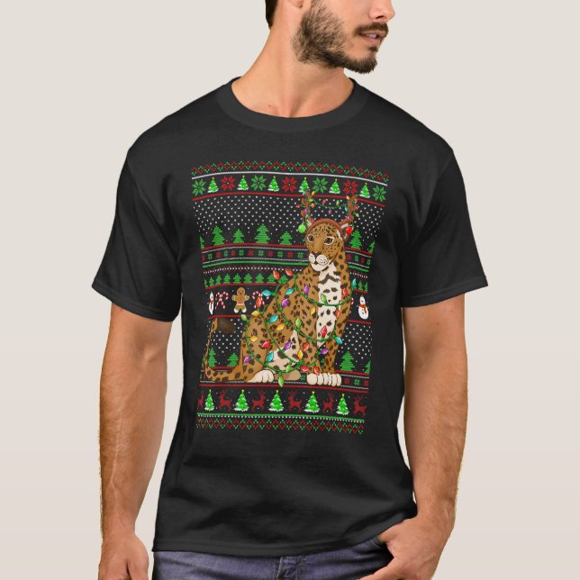 T-shirt Ugly Xmas Sweater Style Lighting Jaguar Christmas (Devant)