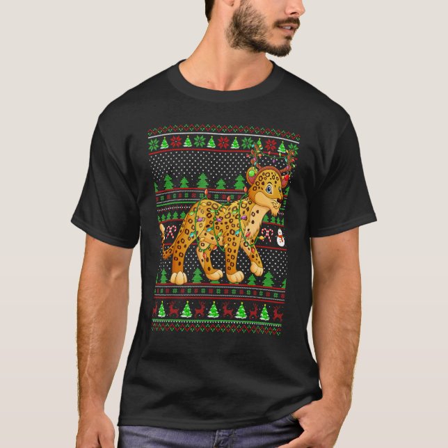 T-shirt Ugly Xmas Sweater Style Lighting Leopard Christmas (Devant)