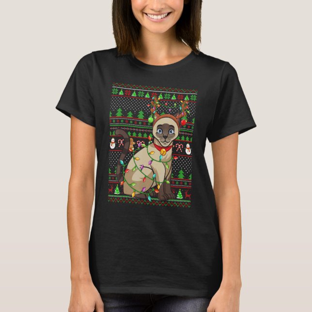T-shirt Ugly Xmas Sweater Style Lighting Siamese Cat Chris (Devant)