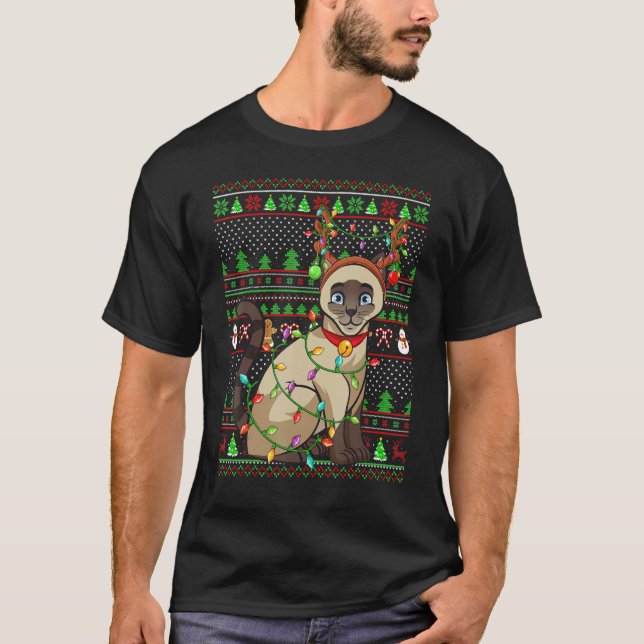 T-shirt Ugly Xmas Sweater Style Lighting Siamese Cat Chris (Devant)