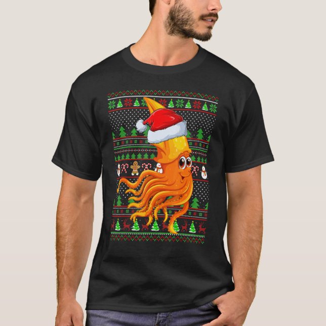 T-shirt Ugly Xmas Sweater Style Lighting Squid Fish Christ (Devant)