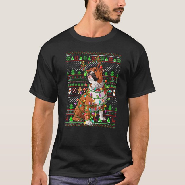T-shirt Ugly Xmas Sweater Style Lights English Bulldog Chr (Devant)