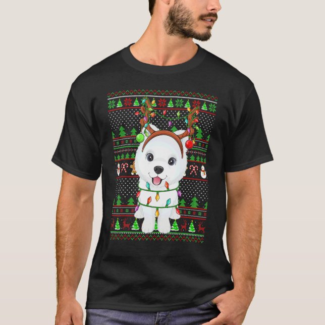T-shirt Ugly Xmas Sweater Style Lights Samoyed Dog Christm (Devant)