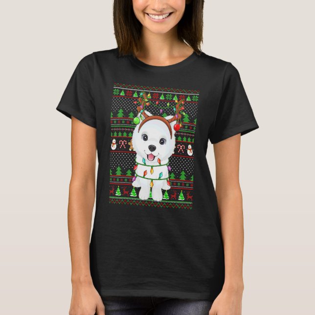 T-shirt Ugly Xmas Sweater Style Lights Samoyed Dog Christm (Devant)
