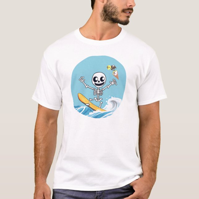 T-shirt Um esqueleto destemido surfa nas ondas, (Devant)