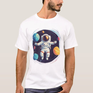 T-shirt Un astronaute explore le système solaire coloré