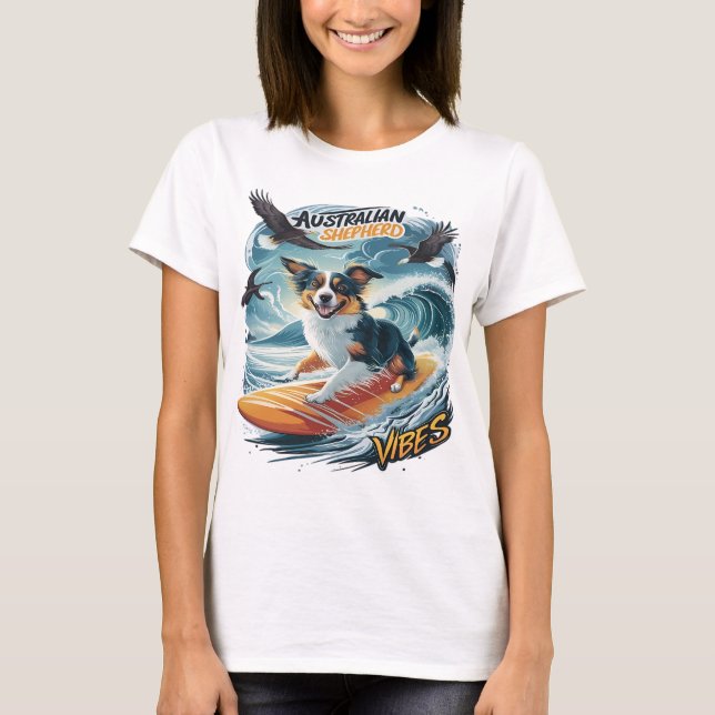 T-shirt Un berger australien à cheval sur la crête surf (Devant)