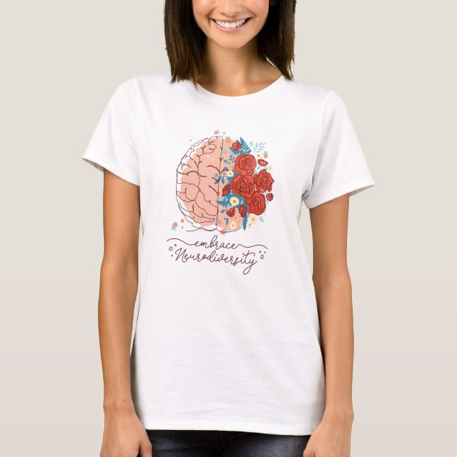 T-shirt Un cerveau et des fleurs embrassent la neurodivers (Devant)