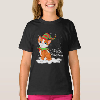 T-shirt Un chat de Noël avec un cadeau de Casquette d'elfe