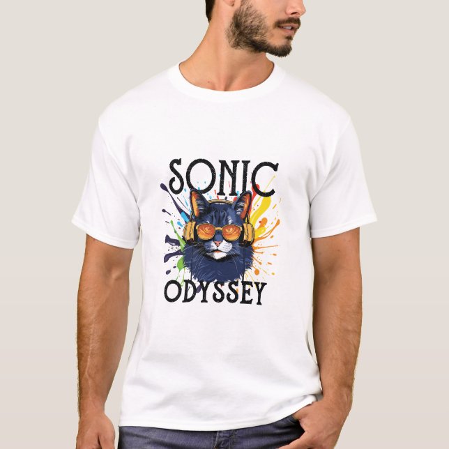 T-shirt un chat écoutant de la musique sur les écouteurs (Devant)