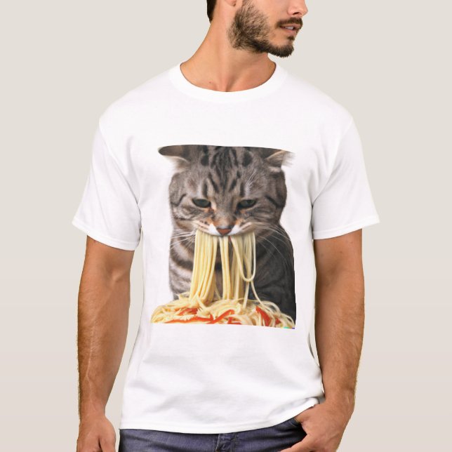 T-shirt Un chat qui mange des spaghettis, mon chat qui man (Devant)