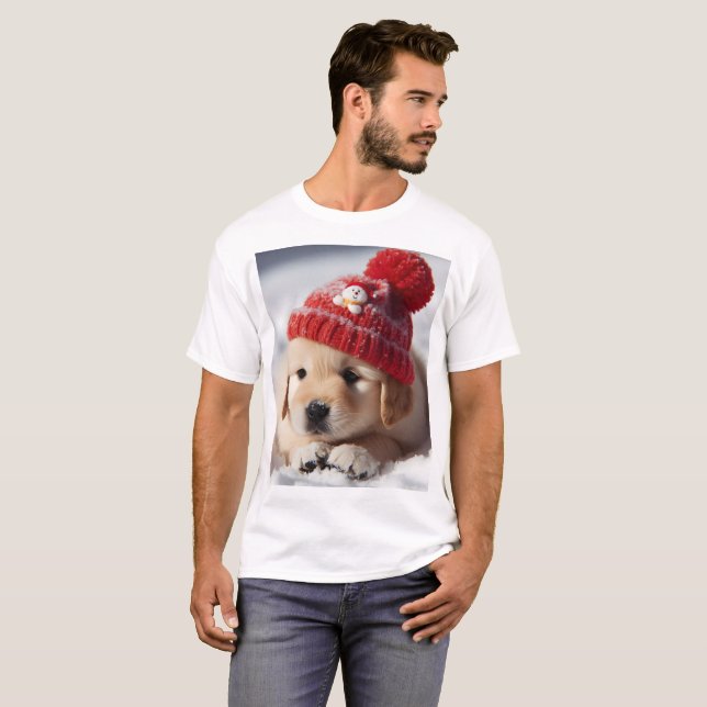 T-shirt un chiot portant un casquette rouge avec un bonhom (Devant entier)