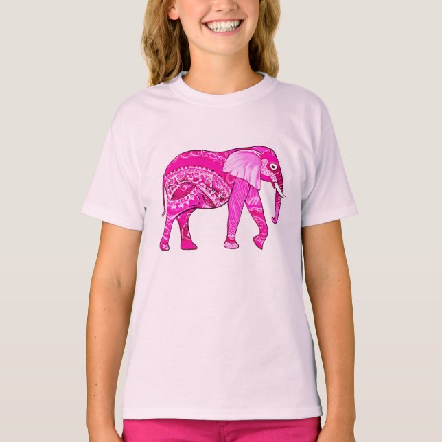 T-shirt Un éléphant indien dans un style arabesque rose Fu (Devant)