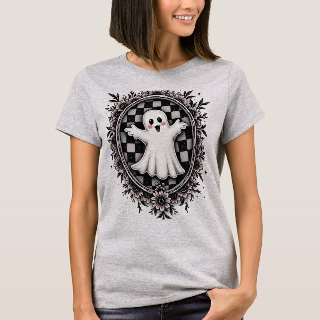 T-shirt Un fantôme joyeux dans un cadre de jardin gothique (Devant)