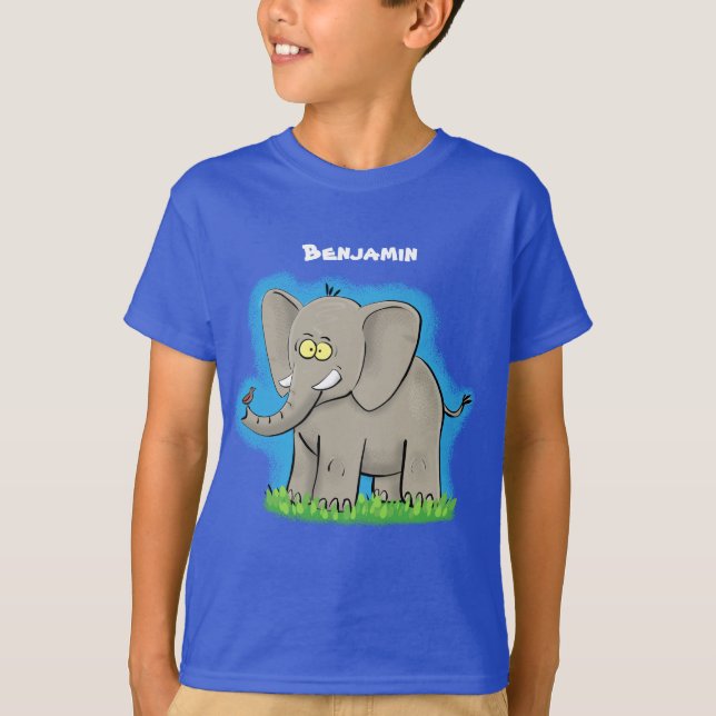 T-shirt Un joli éléphant drôle avec un oiseau sur le tronc (Devant)