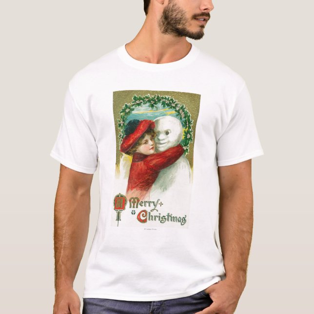 T-shirt Un Joyeux Noël étreignant la scène de bonhomme de (Devant)