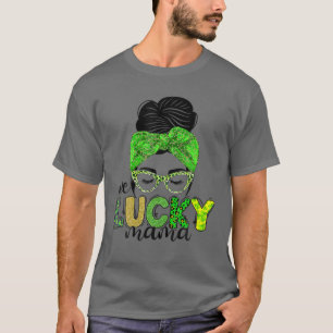 T-shirt Un Lucky Mama St. Patrick's Day Messy Bun Leopard
