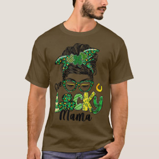 T-shirt Un Lucky Mama St Patrick's Day Messy Bun Leopard
