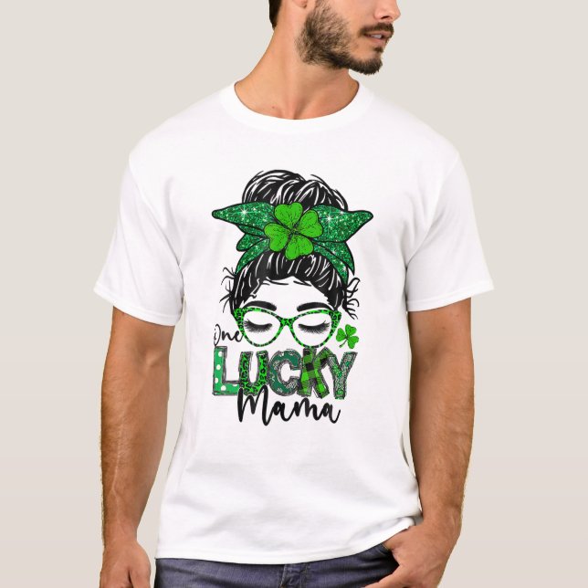 T-shirt Un Lucky Mama St. Patrick's Day Messy Bun Leopard (Devant)
