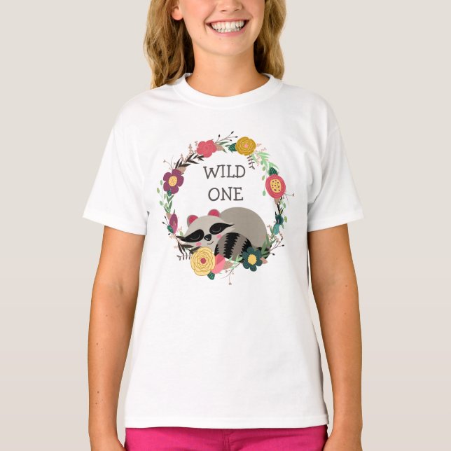 T-shirt Un raton laveur floral sauvage de guirlande (Devant)