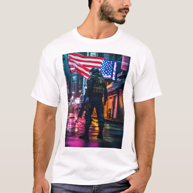 T-shirt un soldat futuriste drapeau américain photo de l'h (Devant)