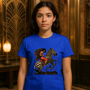 T-shirt Une Femme Art Déco vintage Qui Se Rend Sur Un Zèbr