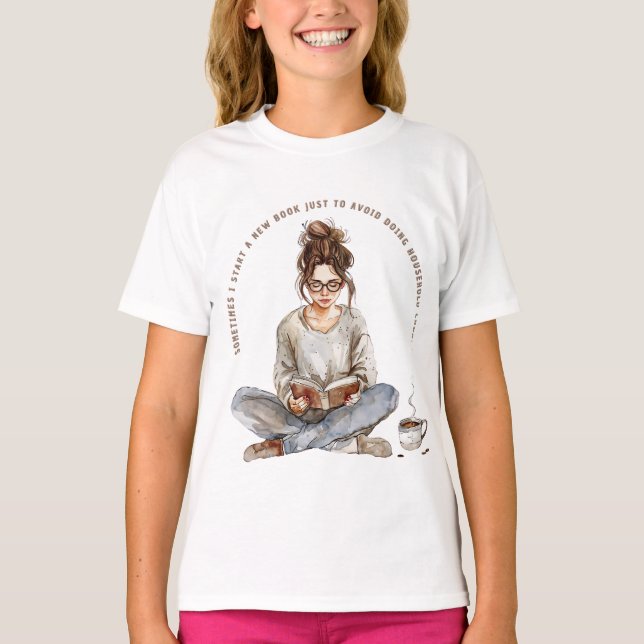 T-shirt Une fille qui aime un livre avec du café, éviter (Devant)