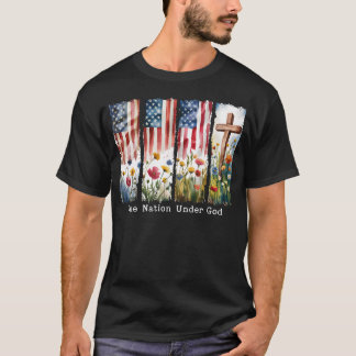 T-shirt Une nation sous Dieu Fleur de croix de drapeau amé