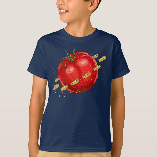 T-shirt Une planète tomate avec des pizzas qui l'entourent (Devant)
