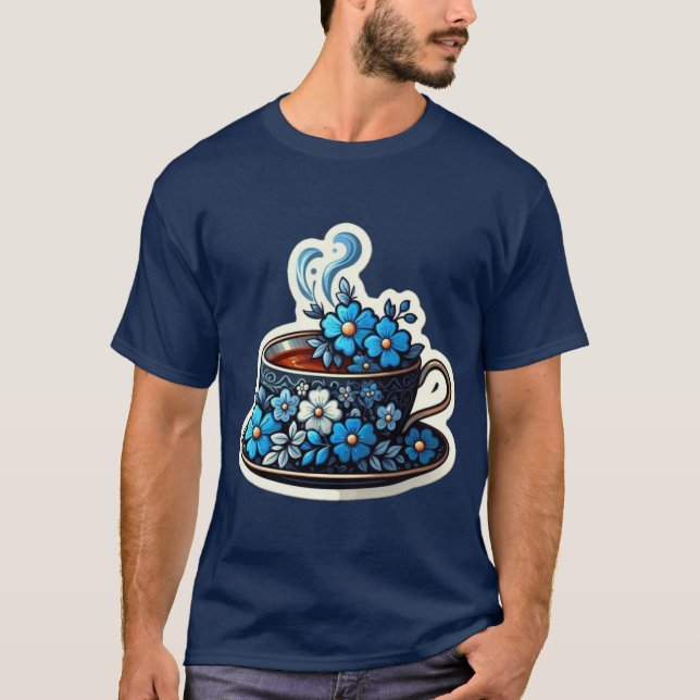T-shirt une tasse à flot bleu décoratif remplie de thé (Devant)
