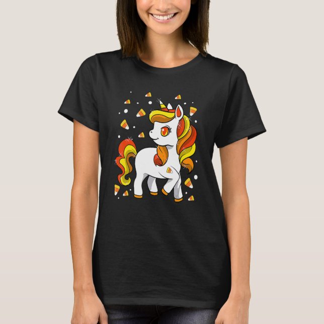 T-shirt Unicorn Candy Corn Girls Halloween (Devant)