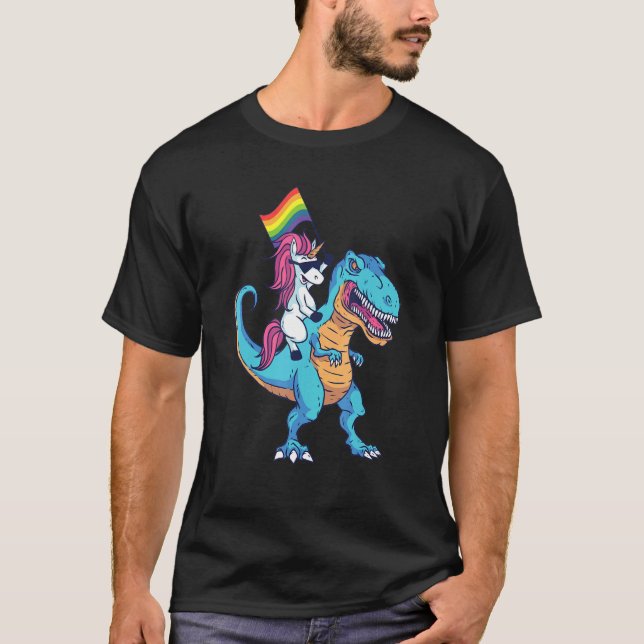 T-shirt Unicorn équitation Dinosaur avec drapeau de fierté (Devant)