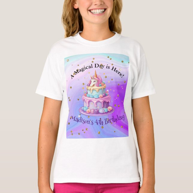 T-shirt Unicorn étincelle Bleu pourpre gâteau 4e anniversa (Devant)