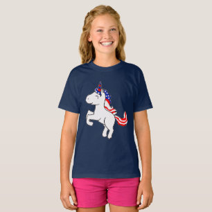T-shirt Unicorn Grey Patriotic USA Drapeau Drapeau Filles