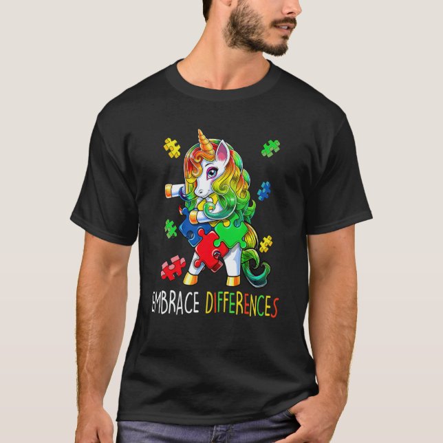T-shirt Unicorn Puzzle Autism Awareness Embrace Difference (Devant)