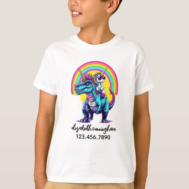 T-shirt Unicorn Riding Dinosaur Rainbow Name school (Devant)