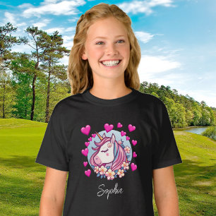 T-shirt Unicorne mignonne, Coeurs et Fleurs roses, Nom per