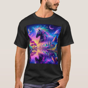 T-shirt Unicorne noire dans un monde d'Imaginaire avec pyr