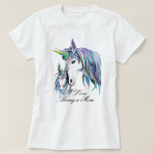 T-shirt Unicornes turquoises pourpres Mère et Fils