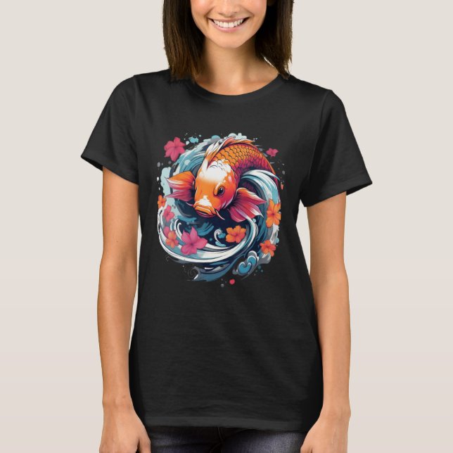 T-shirt Unique Koi Fish Japanese Carp with flowers (Devant)
