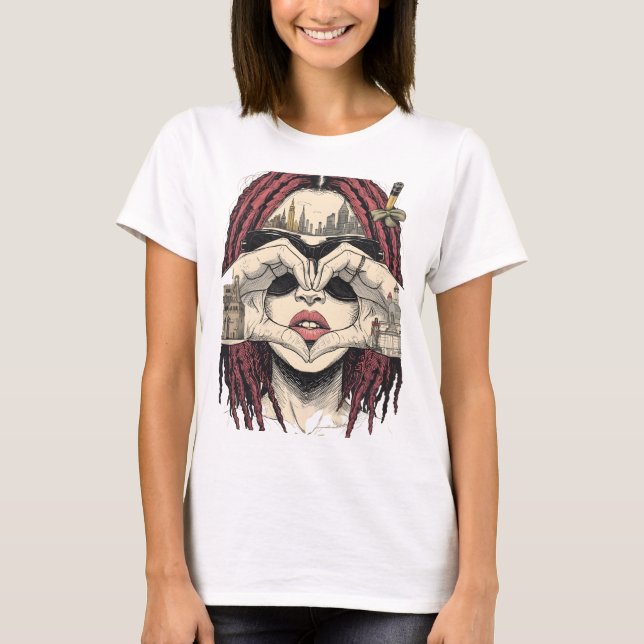 T-shirt Urban Heart Vision: Pink Dreads, City Skyline, and (Devant)