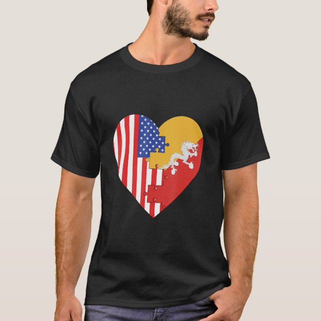 T-shirt USA and Bhutan Flags Heart (Devant)