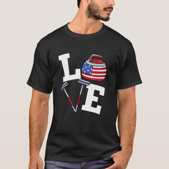 T-shirt Usa Curler Broom Winter Glace Sports American Flag (Devant)
