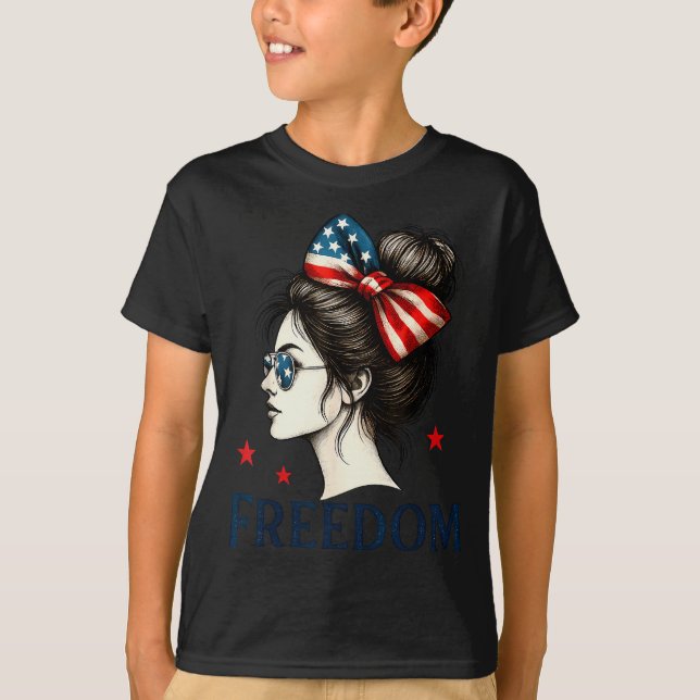 T-shirt Usa Flag Bow Messy Bun Girls Dom American Flag Pat (Devant)