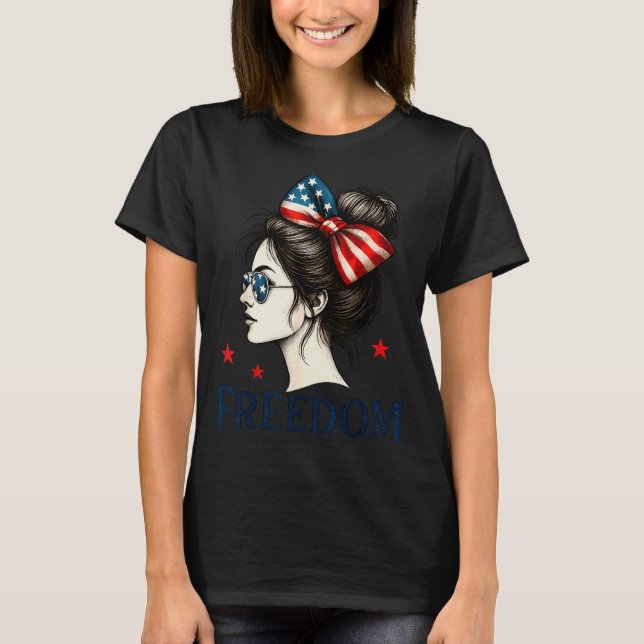 T-shirt Usa Flag Bow Messy Bun Girls Dom American Flag Pat (Devant)