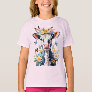 T-shirt Vache Bébée Noire Et Blanc Avec Couronne Fleur