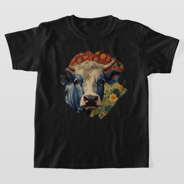 T-shirt Vache bleu rétro dans le jardin de tournesol (Poser)