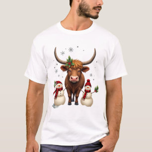 T-shirt Vache des Highlands de Noël vintage avec bonhommes
