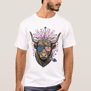T-shirt Vache des Highlands patriotique Feu d'artifice Gra